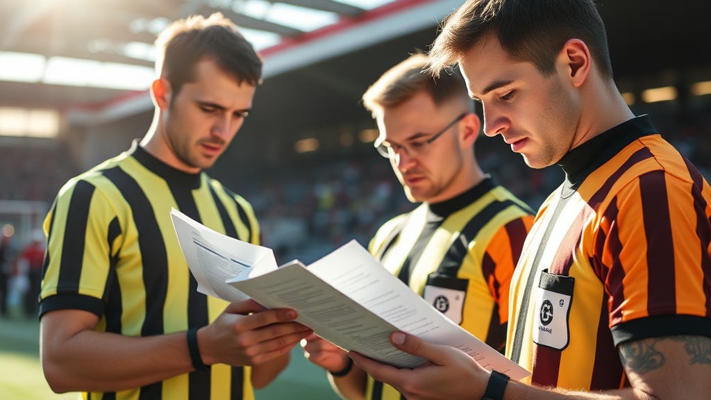 경기 시작 전 주심과 부심들이 경기 규정 문서를 확인하고 있는 장면