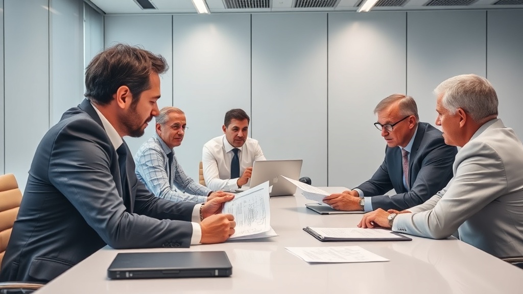 국제 스포츠 연맹 관계자들이 회의실에서 경기 규정을 논의하는 모습