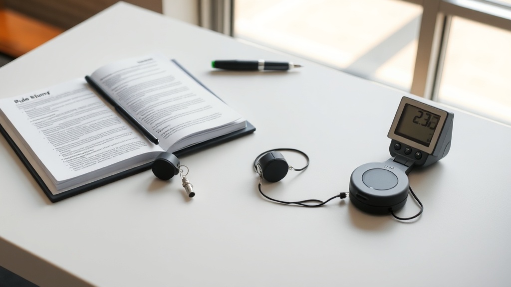 경기 규정이 기록된 문서와 심판이 사용하는 휘슬이 놓여있는 장면